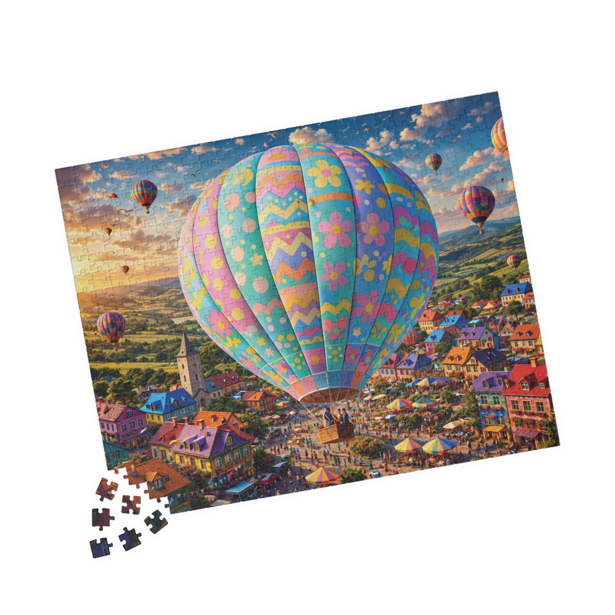 Hot Air Balloon Puzzle 500 or 1000 Piece, Pastel Sky Landscape Jigsaw Puzzle, Dreamy Travel Art Puzzle