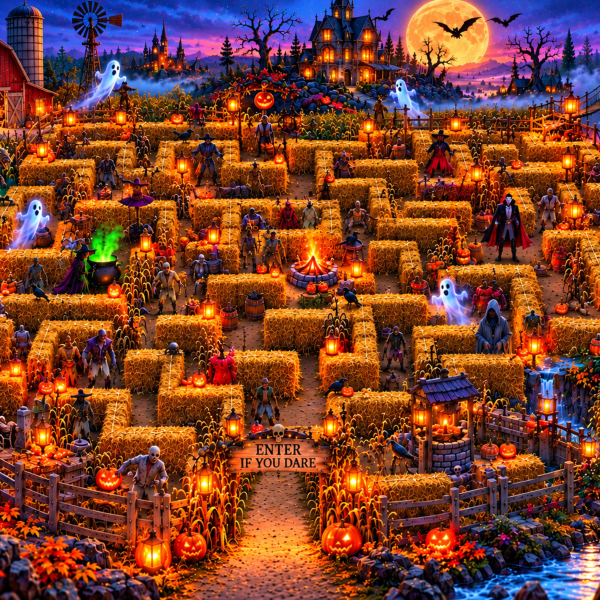 Halloween Haunted Maze Jigsaw Puzzle for Adults, Spooky Corn Maze Puzzle, 500 Piece Halloween Puzzle, Vampire Ghosts & Werewolves