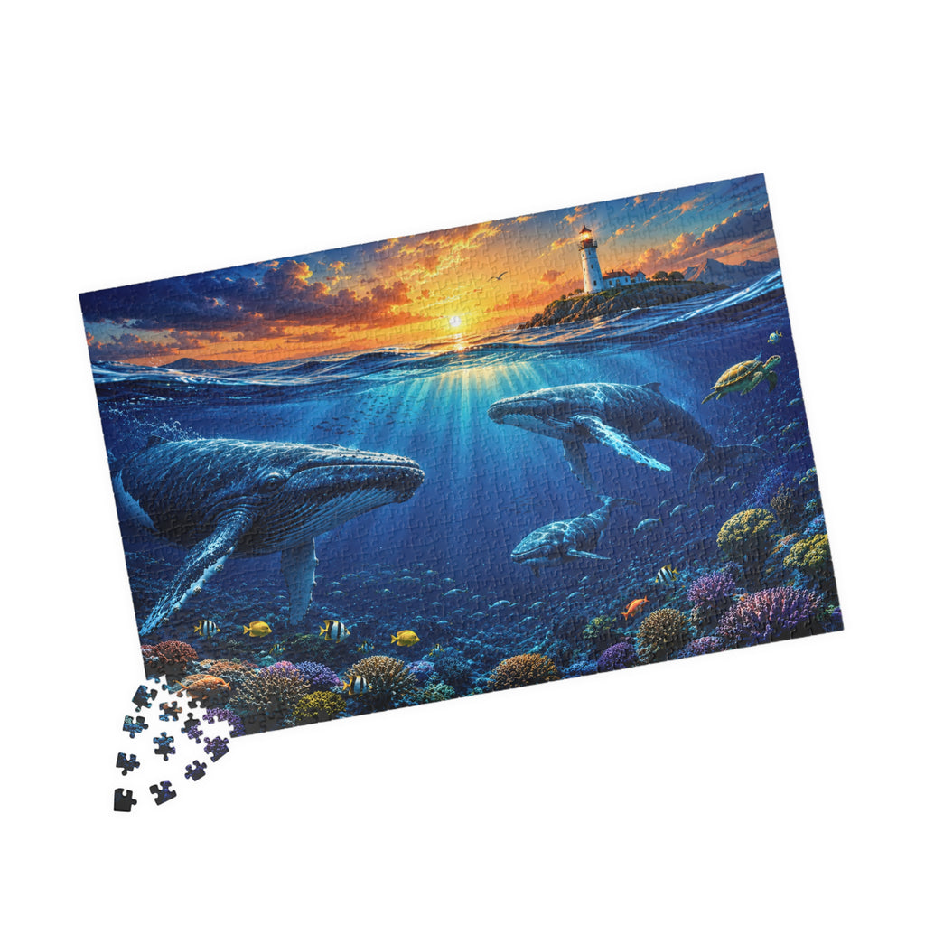 Ocean Lighthouse Puzzle – Whales Under the Sea Jigsaw Puzzle, Coastal Sunset Puzzle, Ocean Lover Gift, 250, 500 or 1000 Pieces