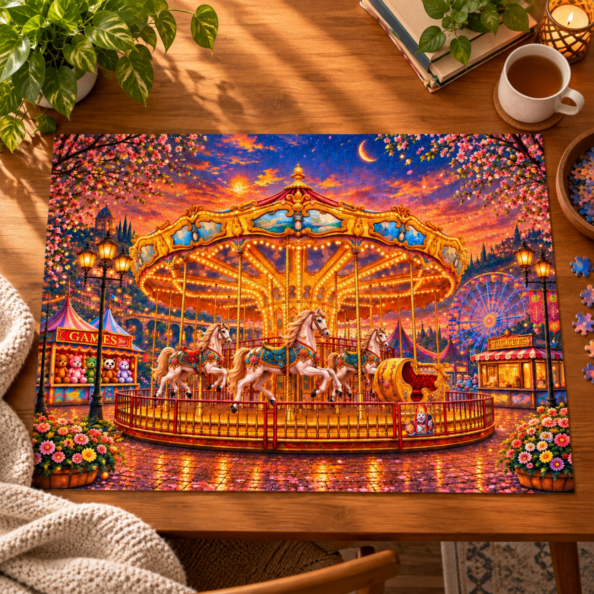 Carousel Jigsaw Puzzle 500 or 1000 Piece Vintage Fair Puzzle, Magical Amusement Park Art Puzzle