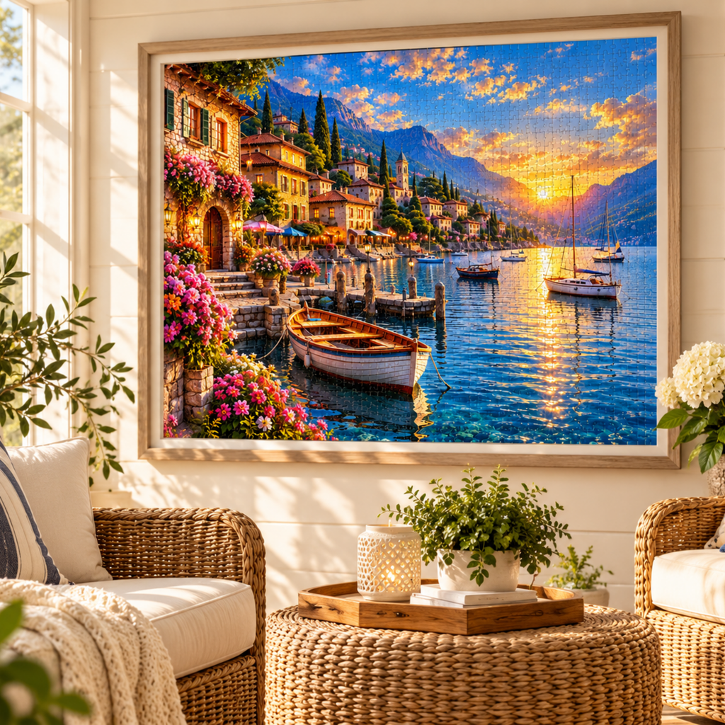 European Lakeside Village Jigsaw Puzzle, Colorful Lake Puzzle for Adults, Italian Village Scenic Puzzle, 500 Piece Travel Puzzle