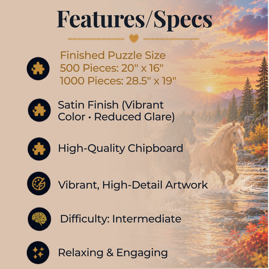 Wild Horse Puzzle 500 or 1000 Piece – Horses Running Jigsaw Puzzle, Mountain Sunset Puzzle, Horse Lover Gift, Scenic Puzzle for Adults