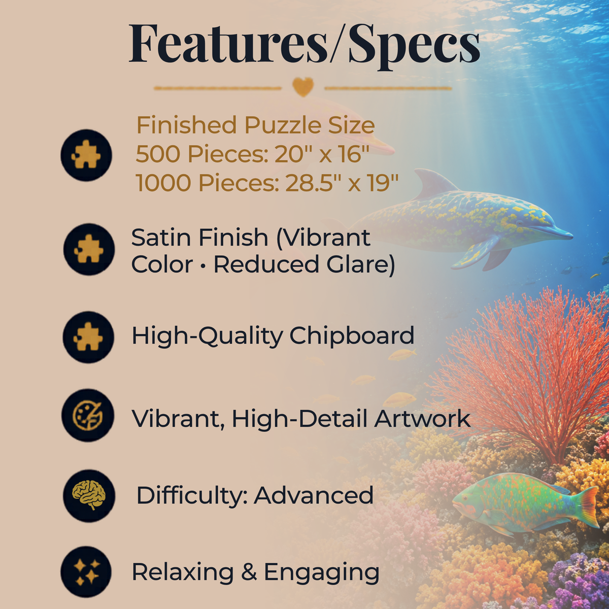 Dolphin Jigsaw Puzzle 500 or 1000 Piece Ocean Reef Puzzle, Colorful Sea Life Puzzle, Gift for Adults