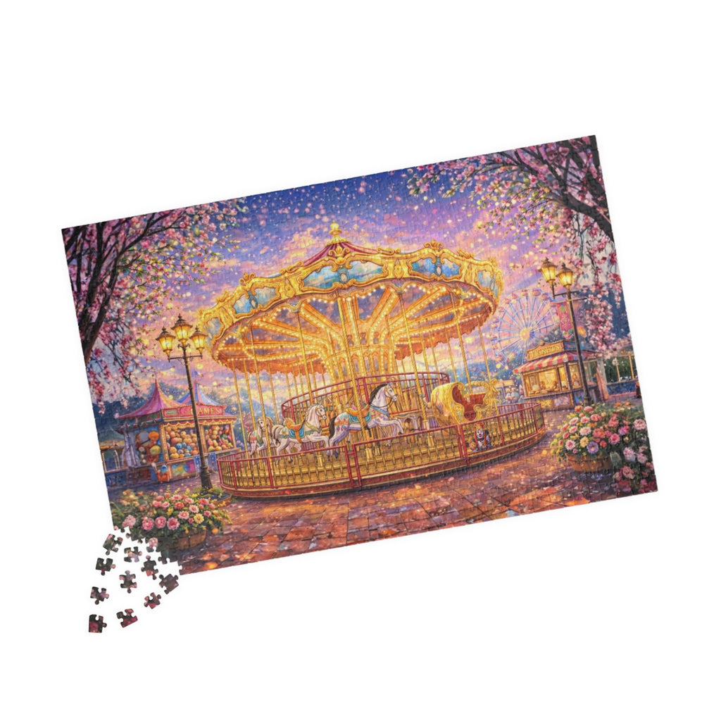 Carousel Jigsaw Puzzle 500 or 1000 Piece Vintage Fair Puzzle, Magical Amusement Park Art Puzzle