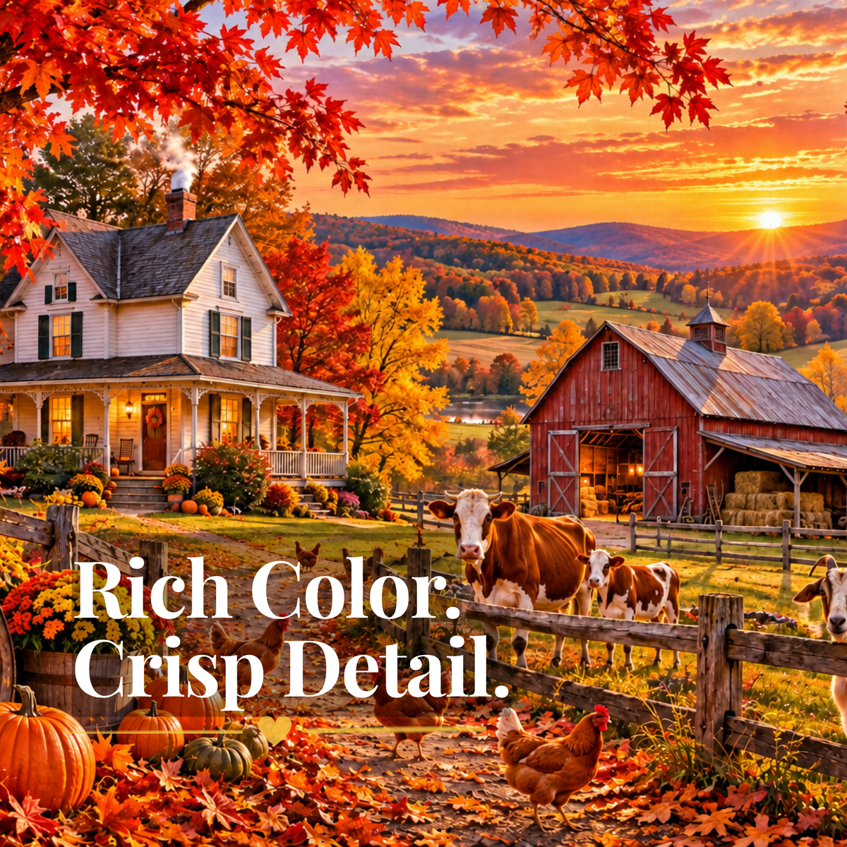 Autumn Farmhouse Puzzle, Fall Harvest Jigsaw Puzzle, Country Farm Sunset, Barn & Farm Animals, Cozy Fall Puzzle, 500 or 1000 Pieces