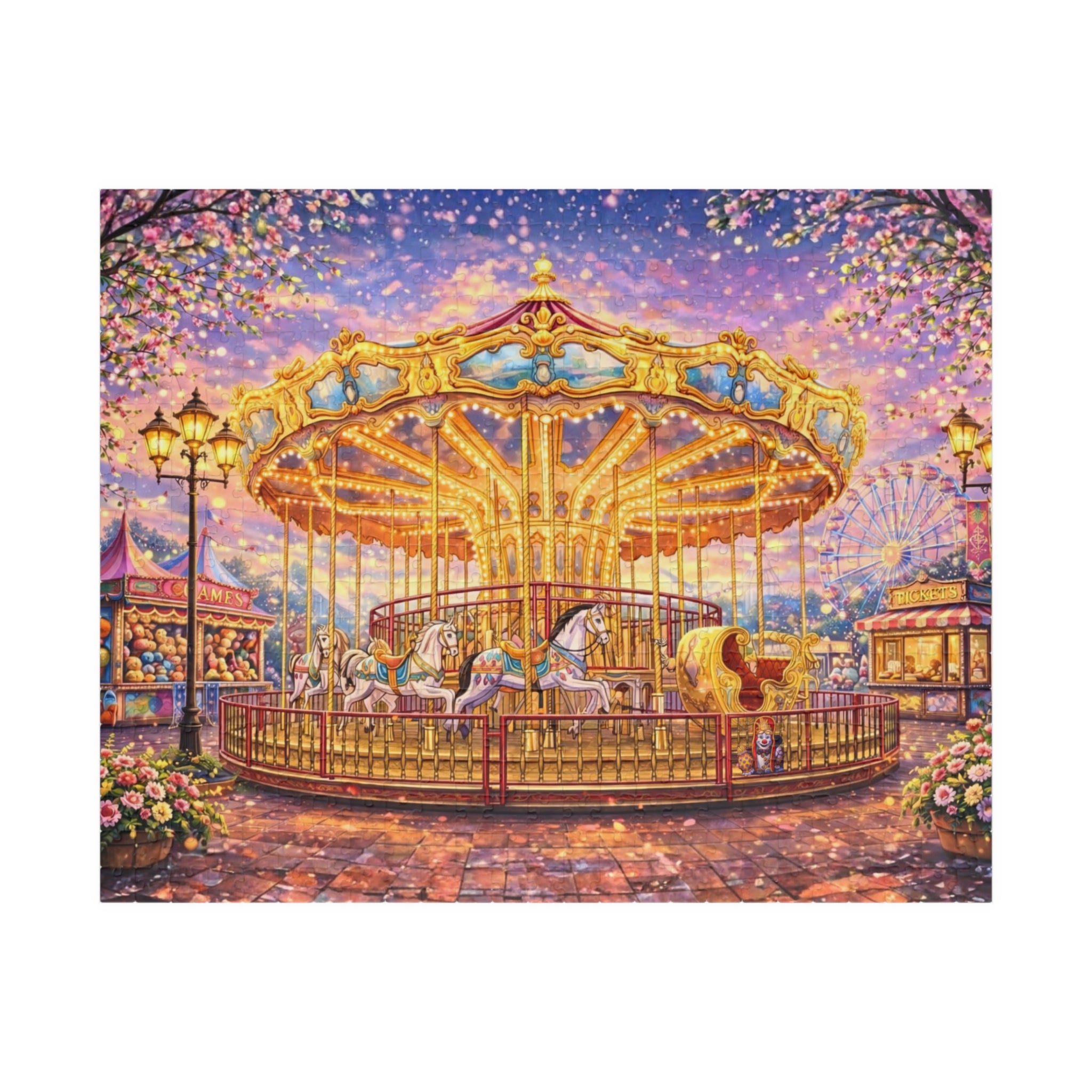 Carousel Jigsaw Puzzle 500 or 1000 Piece Vintage Fair Puzzle, Magical Amusement Park Art Puzzle